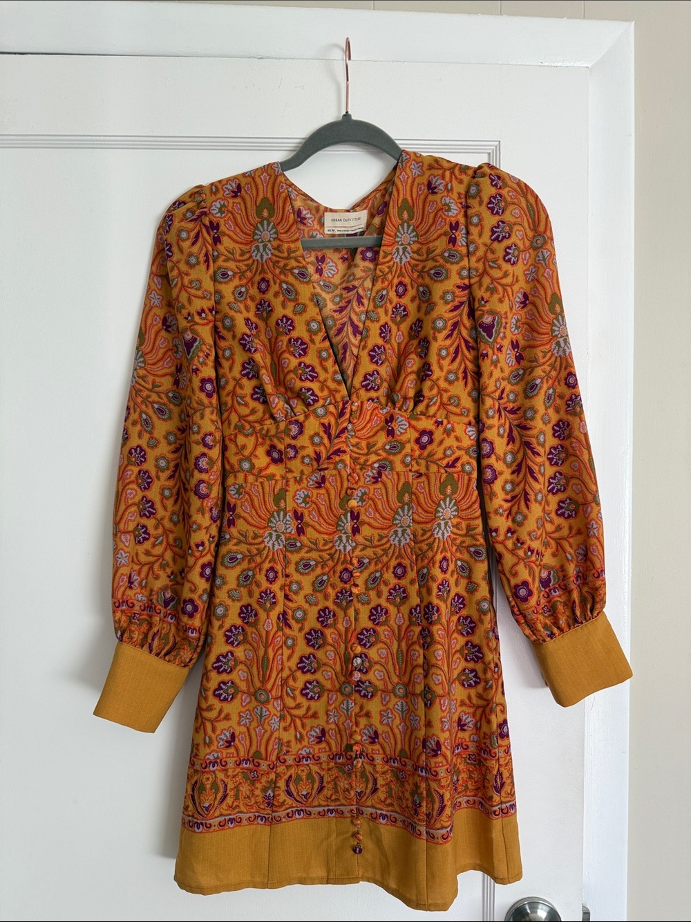 Urban Outfitters Mustard Floral Wrap-Style Long Sleeve Dress